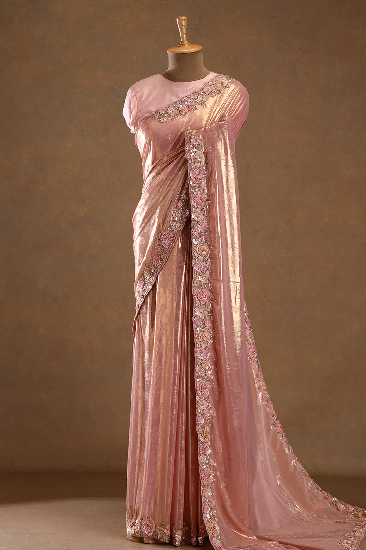 Pink sequins embroidered tissue designer saree